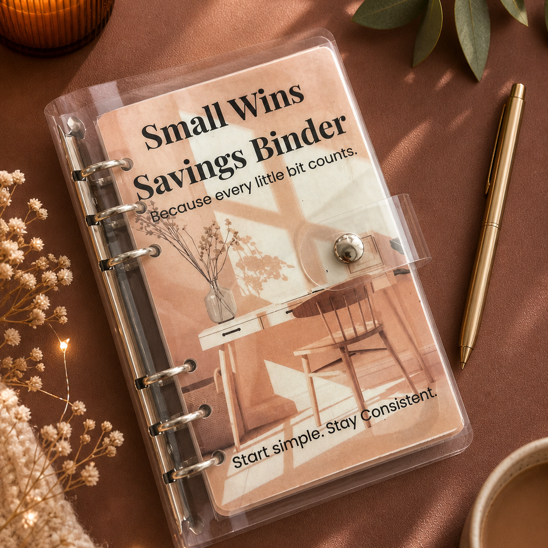 Small Wins Savings Binder on a brown surface with a candle, pen, and cup of coffee.