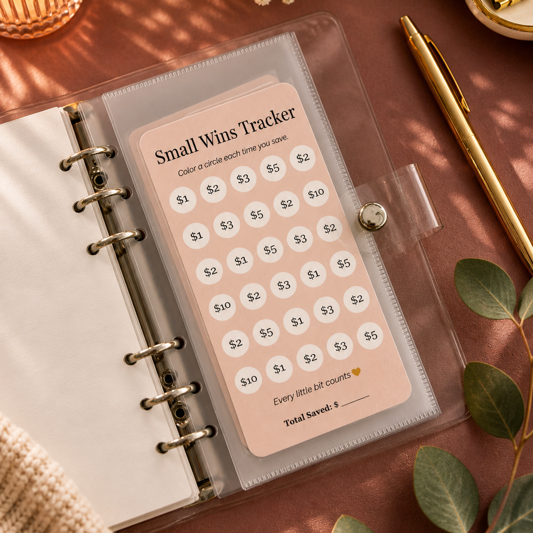 Small Wins Tracker card in a planner with a pen and decorative elements on a brown surface