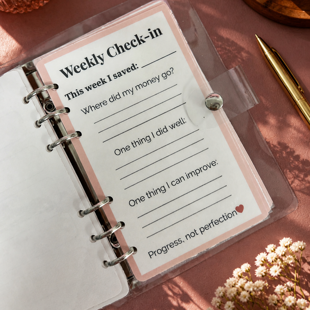 Weekly check-in sheet in a planner with a pen and flowers on a pink surface
