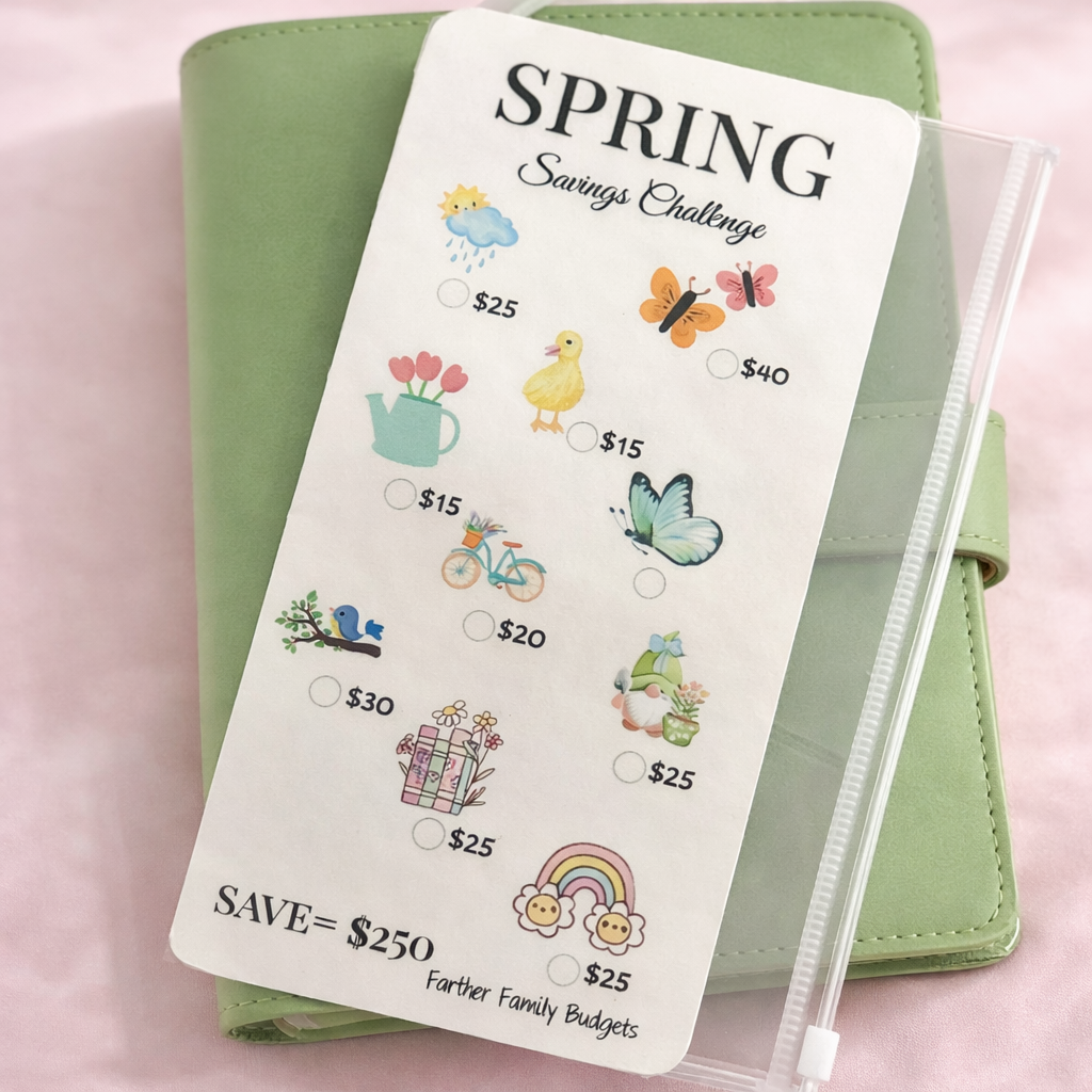 Spring Savings Challenge tracker with illustrations on a green planner