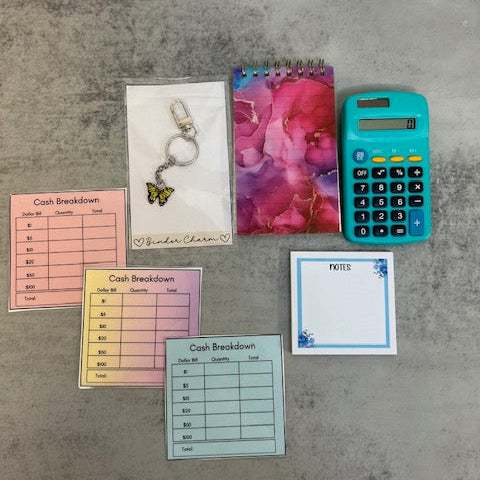 Beginner-friendly budget set featuring a binder, labeled cash envelopes, budget planner pages, and essential budgeting tools, arranged in a simple and approachable layout, perfect for getting started with personal finance.