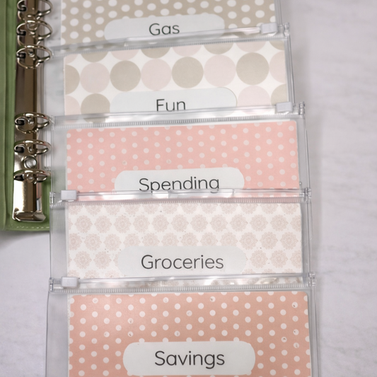 Planner with labeled tabs for gas, fun, spending, groceries, and savings on a white background.