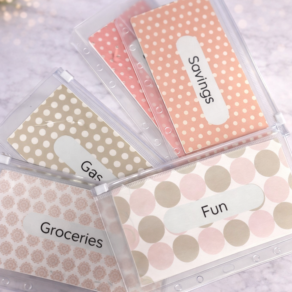 Set of labeled budget envelopes with patterns and text on a textured surface.