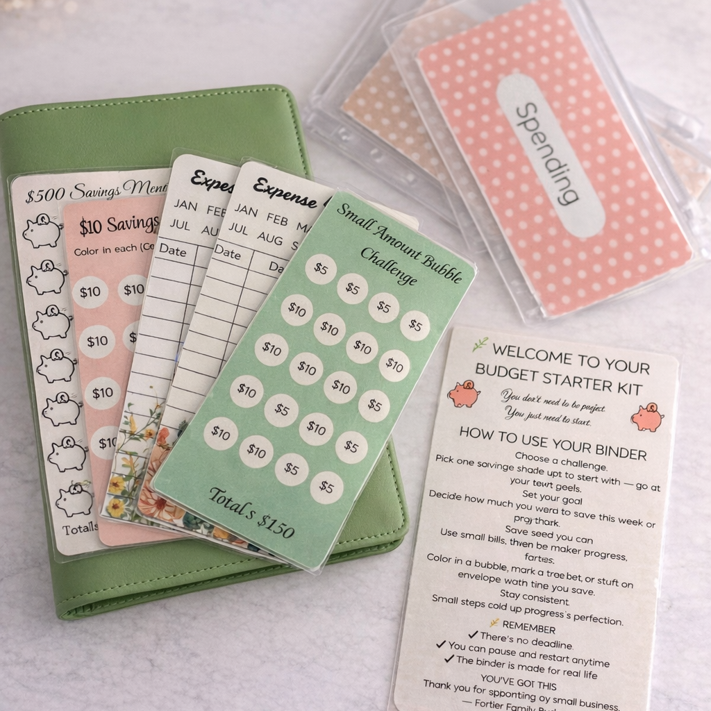 Budgeting tools including a green notebook, cards, and a card holder on a light surface.