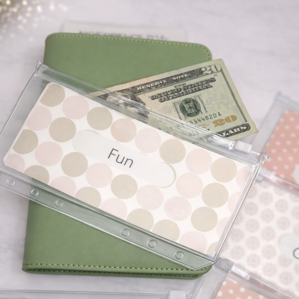 Clear plastic money organizers with labels 'Fun', 'Gas', and 'Savings' on a white background.
