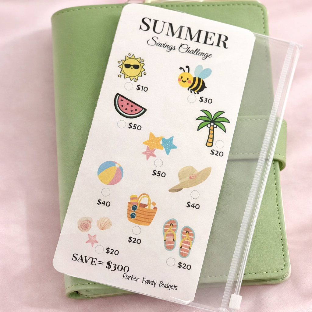 Summer savings challenge tracker with cartoon illustrations on a green planner.