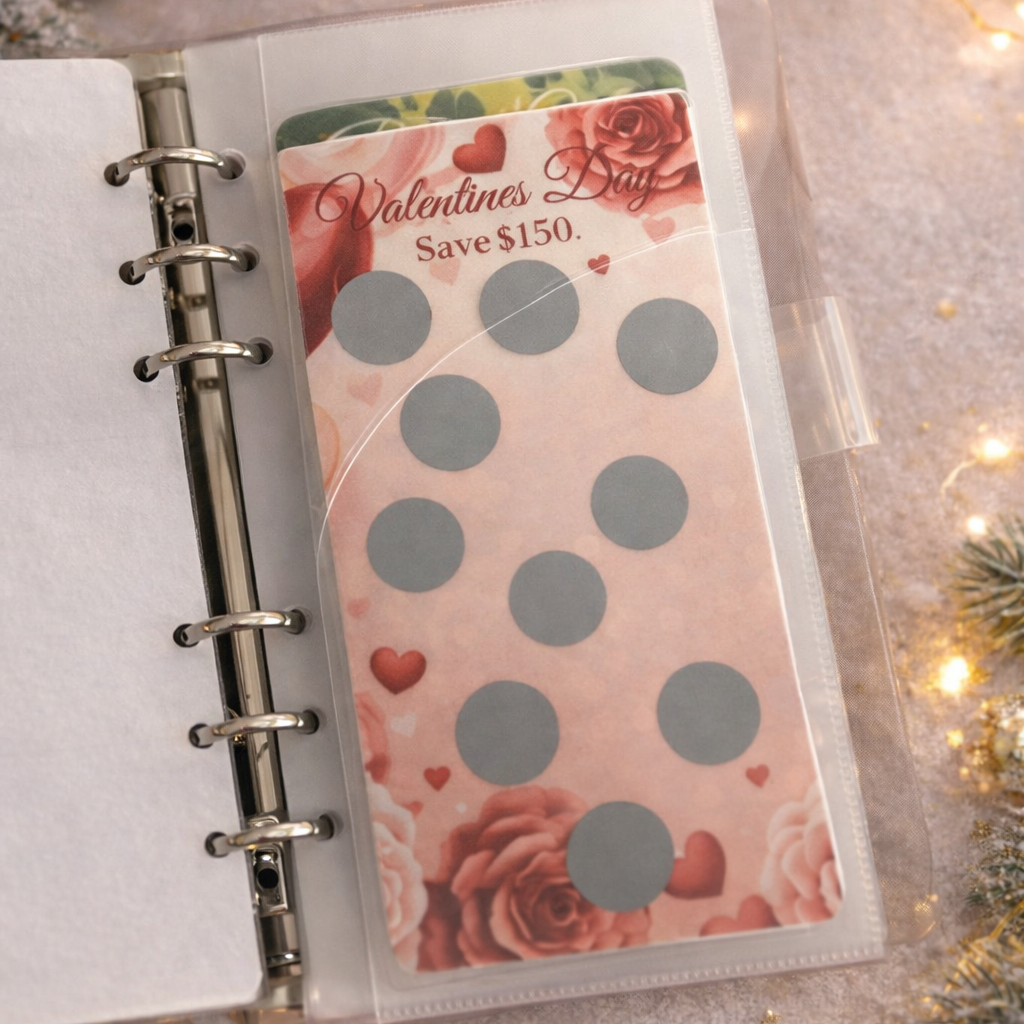 Planner with a Valentine's Day-themed sticker sheet on a decorative background with lights and greenery.